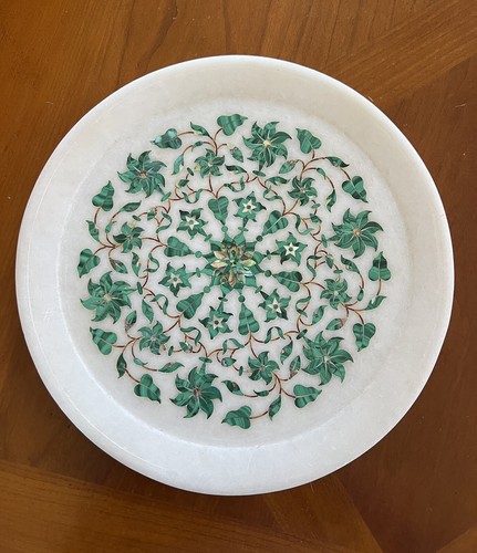 White Marble Serving Plate Mosaic Real Malachite Floral Inlay 9 7/8” - Picture 1 of 19