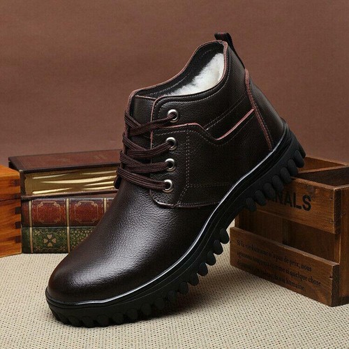 Botas al tobillo con cordones de cuero sintético para hombre cálidas forradas de lana cálidas botas para nieve   - Imagen 1 de 8