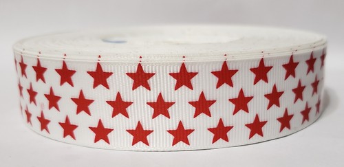 15 Yard Spool Red Stars on White 1" Polyester Grosgrain Ribbon - Picture 1 of 4
