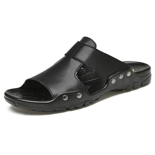 Men's Slippers Slip On Faux Leather Open Toe Beach Sandals Shoes - Picture 7 of 14