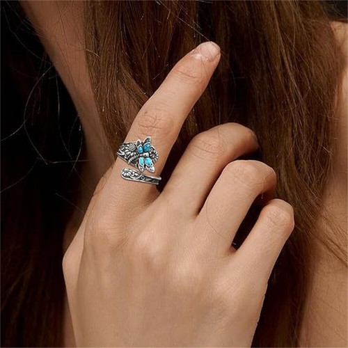 925Sterling Silver Vintage Ring Flower Dragonfly Blue Opal Open Adjustable Rings - Bild 6 von 7