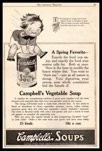 1916 Campbell's Gemüsesuppe Kind Leapfrogging Blechdose Vintage Druck Anzeige