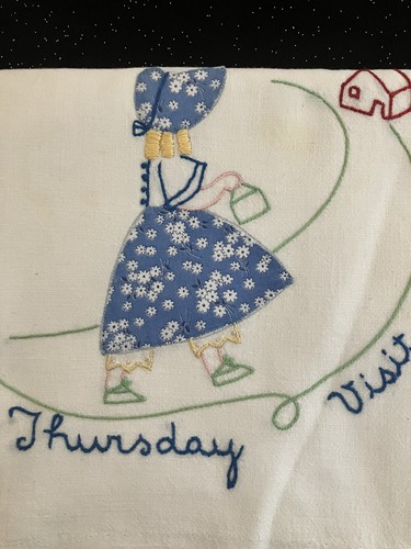 Toalla de té vintage Sun Bonnet Sue apliques bordados días de la semana 7 - Imagen 12 de 20