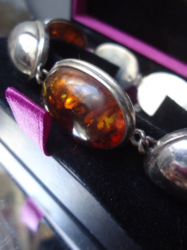 Vintage Estate Superior Baltic Natural Amber Wide Sterling Silver Link Bracelet - Foto 2 di 14