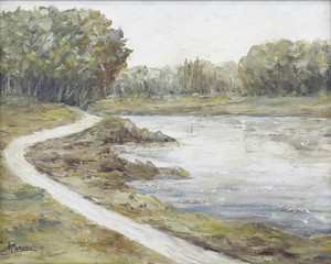 Paysage huile sur panneau signature postimpressionnisme Bord de rivière foret
