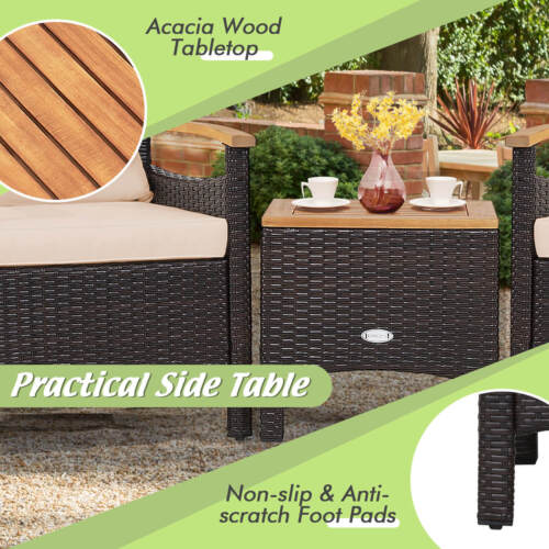Patiojoy 3PCS Patio Rattan Furniture Set Wooden Armrest Table Top Cushioned Deck - Picture 6 of 10