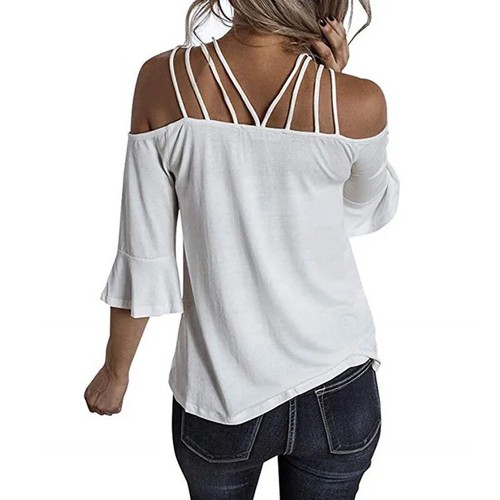 Camicetta donna manica svasata cotone estivo nuova moda 2025 maglione tinta unita - Foto 4 di 24