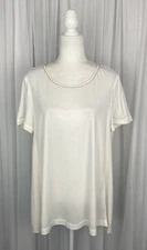 St John Size L White Silk Contrast Flowing Knit Top Elegant Beaded Neckline