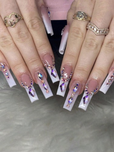 24pcs Long Coffin 3D Gradient Rhinestones Decor Fake Nail Press On Nails False - Picture 2 of 6