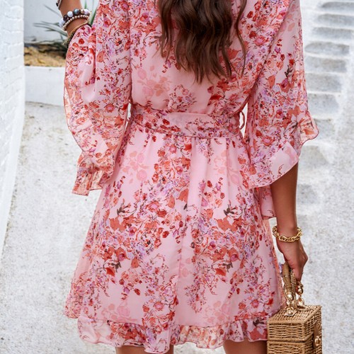 Lady Chiffon Floral Dress Flare Sleeve V-neck Ruffle Tie Waist Summer Beach Chic - Bild 10 von 16