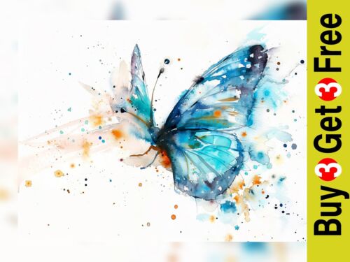 Blue Butterfly Splash 5"x7" Print on Matte Paper | Vibrant Abstract Watercolor - Picture 1 of 17