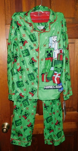 MINECRAFT Green Flannel L/S Button Shirt Pants Sleepwear Pjs Set sz Small NWT - Picture 2 of 9