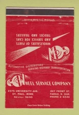 Matchbook Cover - Wheel Service Company ST Paul MN Fargo ND WEAR 40 Strike
