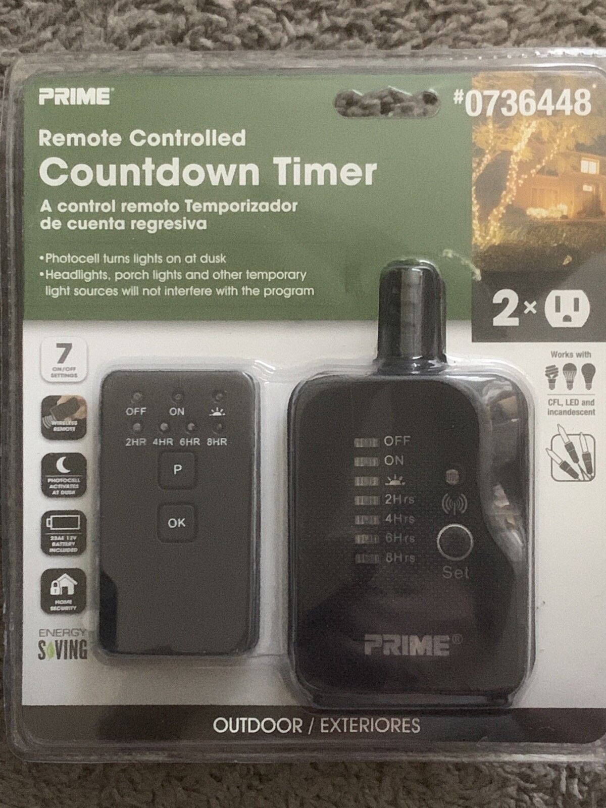 Prime Remote Control Countdown Timer Photocell Activated 2Outlet