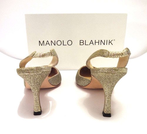 MANOLO BLAHNIK, VINTAGE GOLD GLITTER METALLIC LEATHER SLINGBACK PUMPS, SIZE-3... - Picture 2 of 4