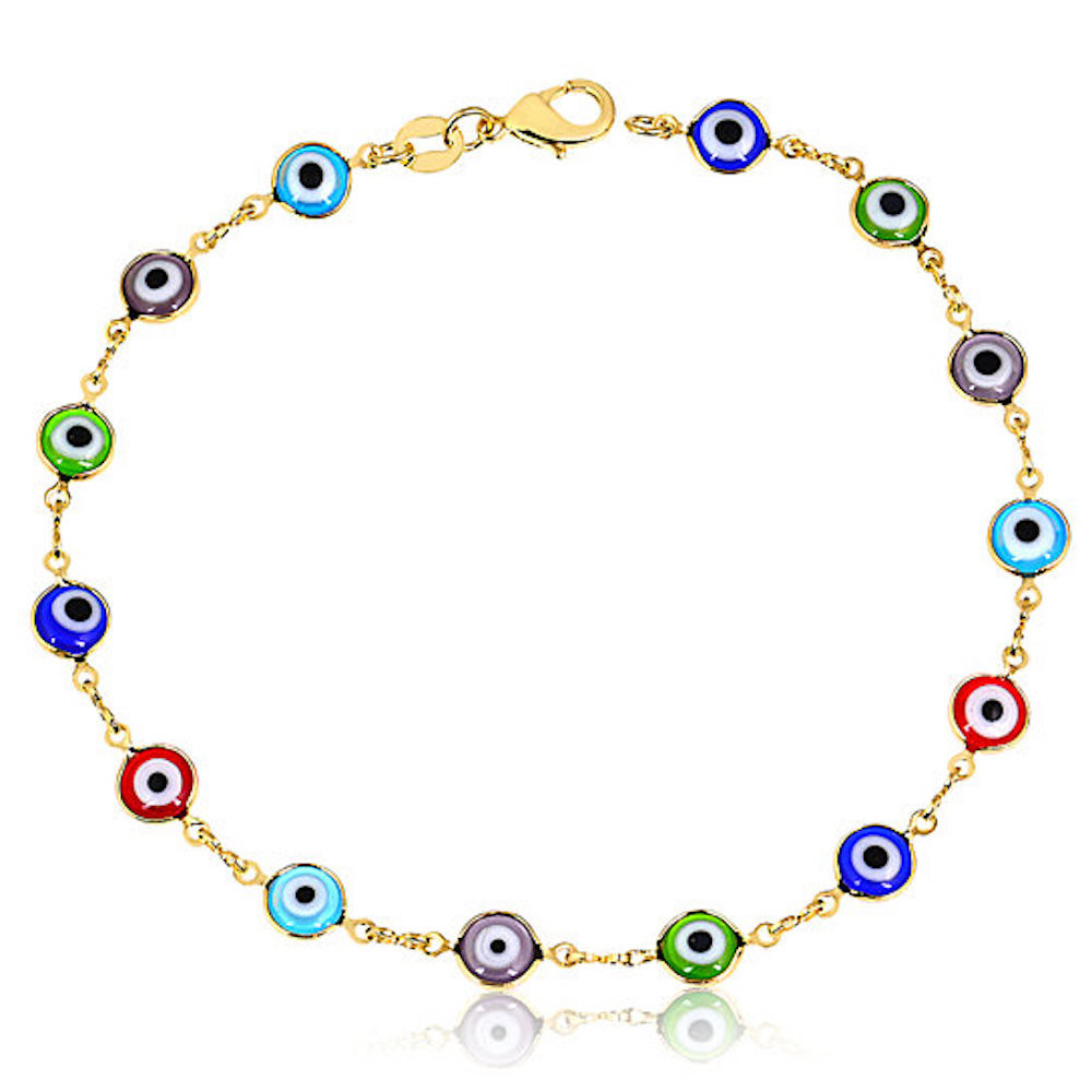 "TOBILLERA DE OJO MALO LLENO DE ORO 18K 10"" / TOBILLERA DE OJO DE LA BUENA SUERTE 10"