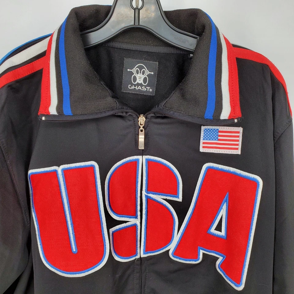 Chaqueta deportiva Ghast USA para hombre XL negra cremallera completa pecho bandera rayas mangas cuello Foto 3 de 4