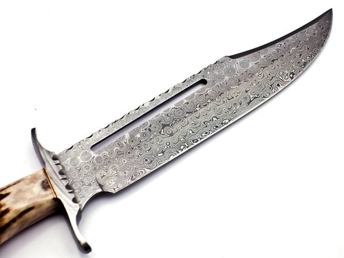 Premium Handmade Damascus Steel Hunting Bowie Knife with Stag Handle and Scabard - Picture 9 of 12