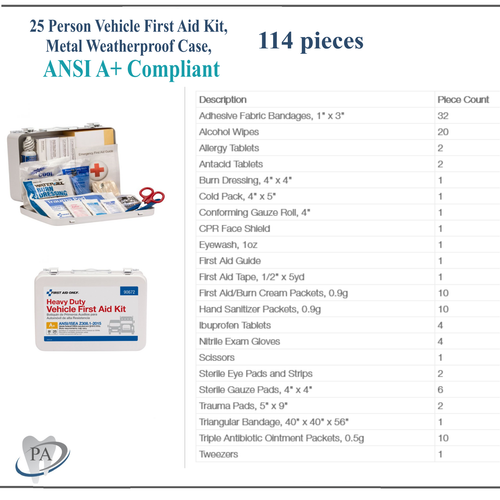 25 Person ANSI A+  Compliant Heavy Duty Vehicle First Aid Kit, 114/Ps Metal Case - Picture 4 of 4