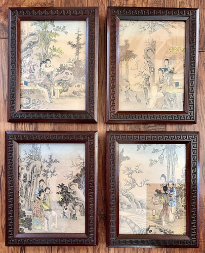 Antikes Set 4 griechische Schlüssel gerahmt asiatische Geishas in Natur Lithographie Gemälde 1920er - Bild 1 von 18
