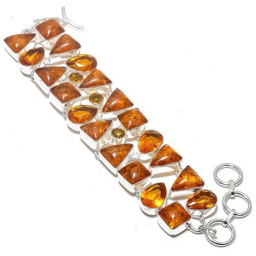 Baltic Amber Gemstone Citrine Chain Sister Bracelet Jewelry 925 Sterling Silver - Picture 3 of 7