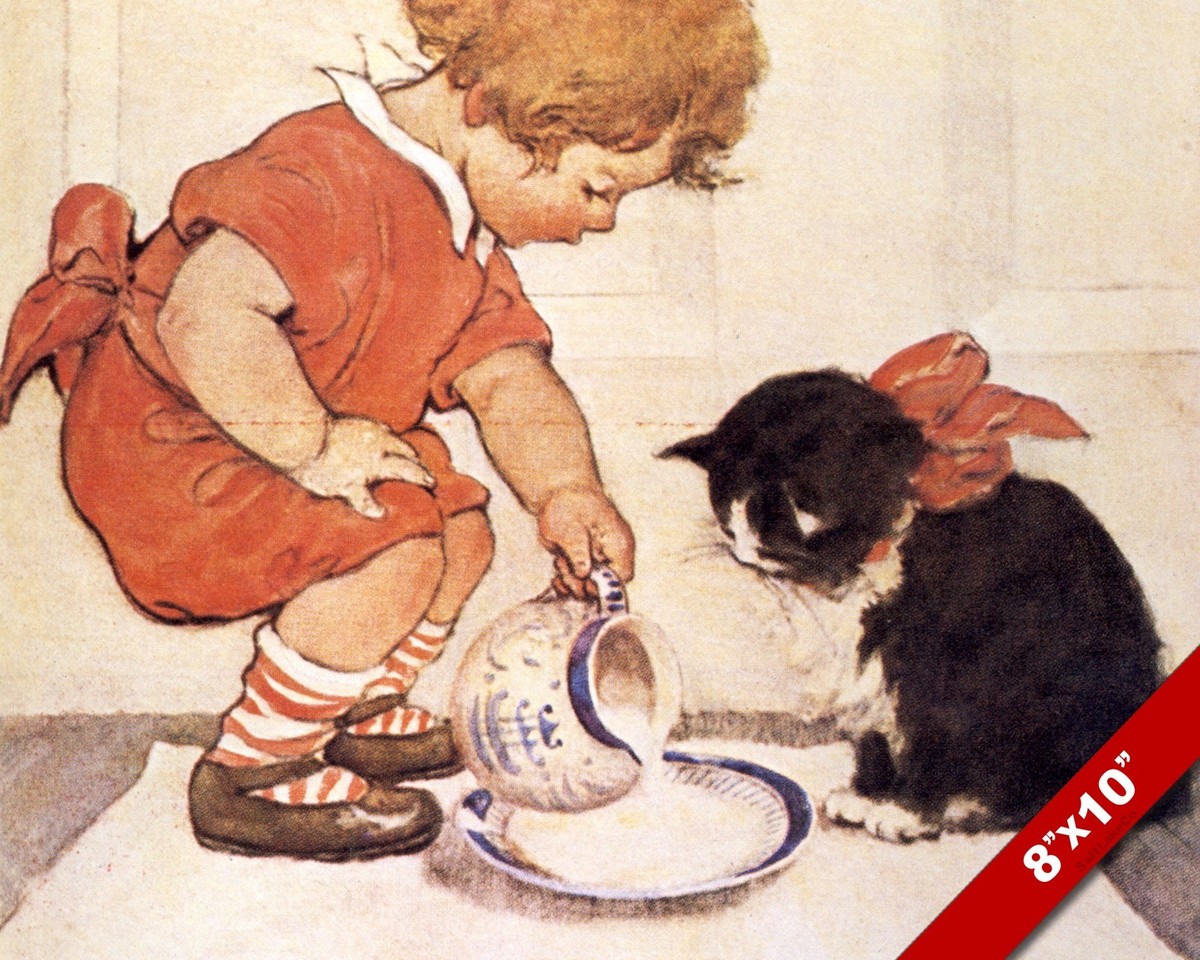 LITTLE GIRL FEEDING CAT KITTEN MILK PET ANIMAL ART PAINTING REAL 