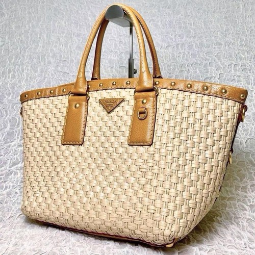 PRADA Raffia Triangular Logo Basket Tote Bag Straw x Leather Authentic