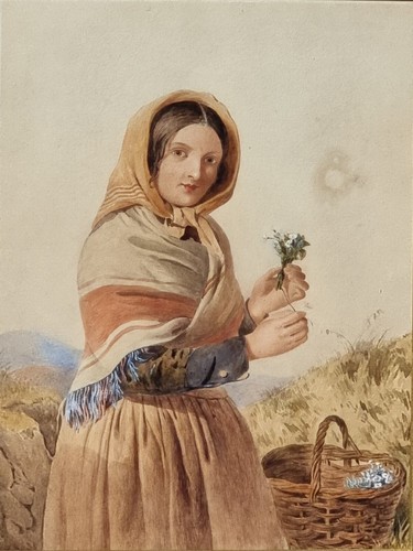 Contadinella che raccoglie fiori, dipinto acquerello inglese epoca Ottocento - Foto 2 di 15