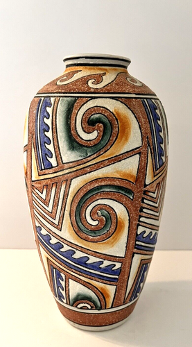 Vase Hand Painted Textured Sandstone Aztec Design Artist Piece 8.25" tall