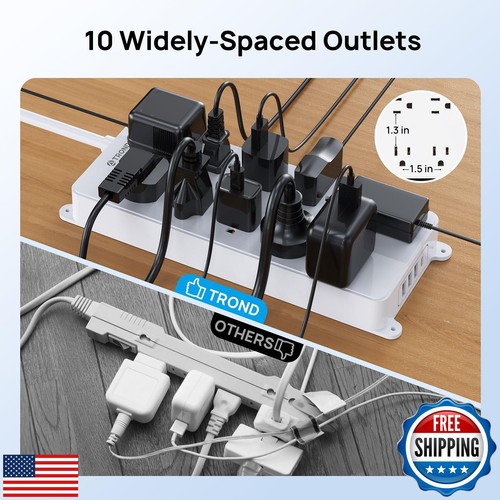 TROND Surge Protector Power Strip, 4000J, ETL Listed, 10 Widely Spaced Outlet - Picture 4 of 5