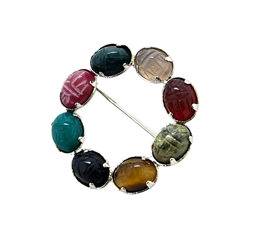 VINTAGE Signed D'Or 12k Gold Filled SCARAB CIRCLE PIN Carved Gemstone Brooch - Picture 3 of 5