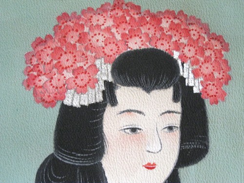 VINTAGE JAPANESE HAND PAINTED SILK FABRIC~BEAUTY~25"X14"~LIGHT GREEN/RED/BROWN - Picture 5 of 10