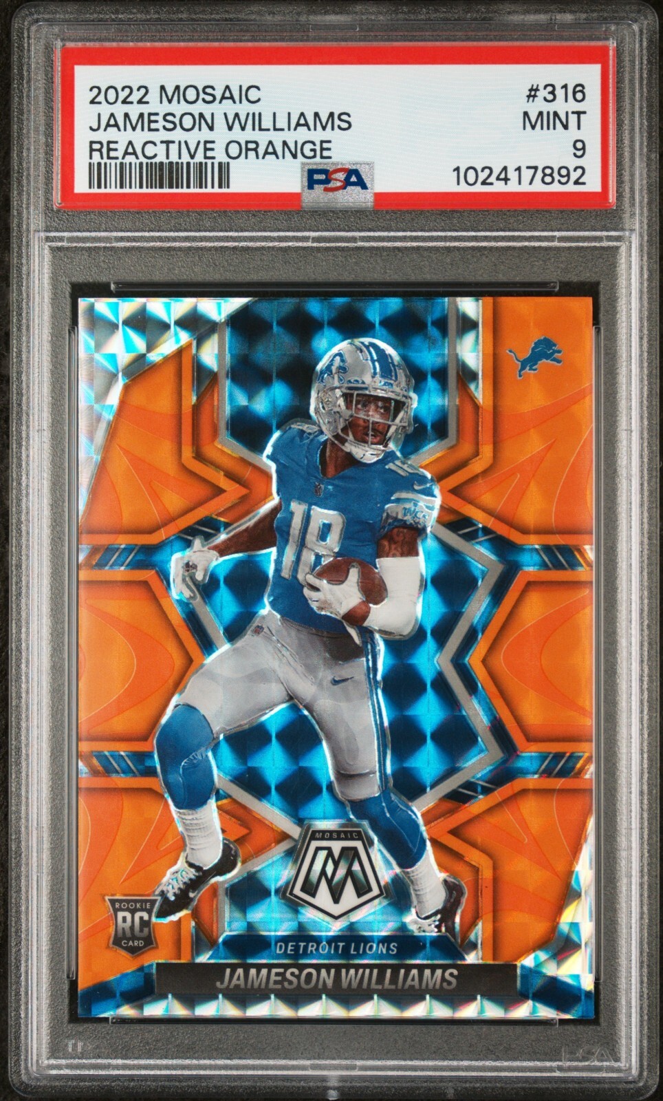 2022 PANINI MOSAIC 316 JAMESON WILLIAMS REACTIVE ORANGE RC, PSA 9, SUPERB!