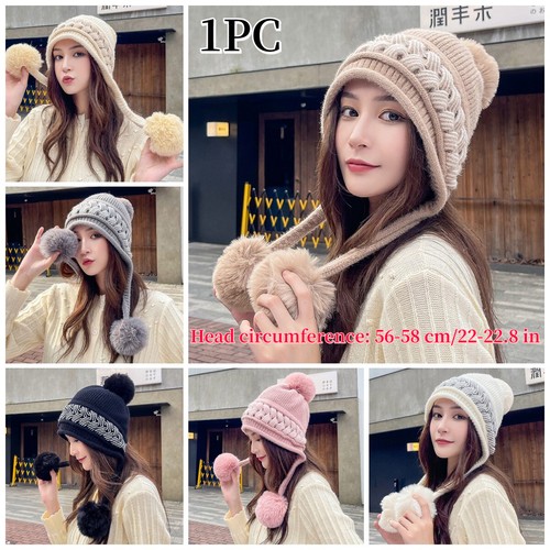 Lady Winter Woolen Hat Pom Pom Ball Warm Autumn Knitted Outdoor Bonnet Hats Cute - Picture 2 of 16