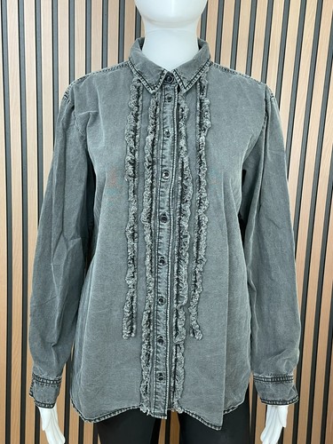 Anthropologie Pilcro Damen Hemd Knopfleiste Rüschen vorne Chambray Denim M grau