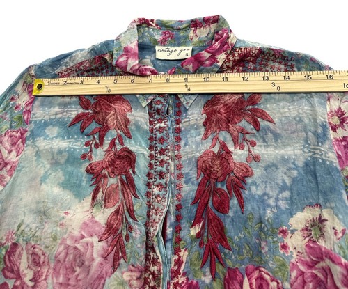 Vintage Goa Shirt Damen klein Blumen bestickt Knopfleiste Langarm Boho Oberteil - Bild 7 von 11