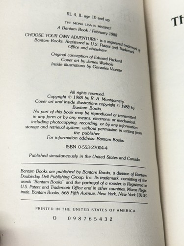 Choose Your Own Adventure #76 The Mona Lisa Is Missing! Montgomery 1988 1st Ed. - Foto 3 di 5