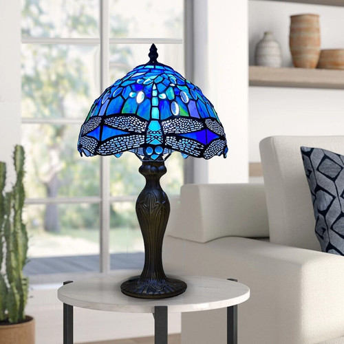Tiffany Dragonfly Style 10 inch Table Lamp Stained Glass Shade Handcrafted Art - Picture 3 of 9