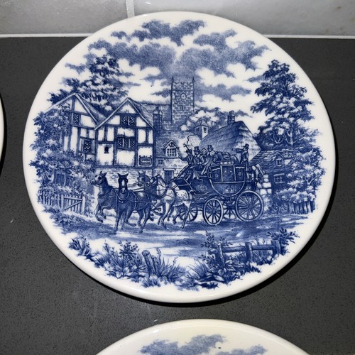 4 Brazil Transfer ware Blue Coach Scene, 6.5” Inch Saucers - Picture 3 of 7