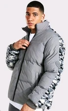 Boohoo MAN Puffer Jacket XL Gray Camo Coat Fleece Funnel Neck Borg Back Panel