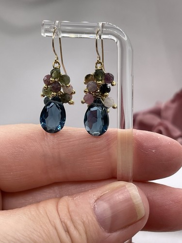 London Blue Topaz Earrings Handmade Dangle SIMULATED Briolette - 14K Gold Filled - Picture 3 of 8