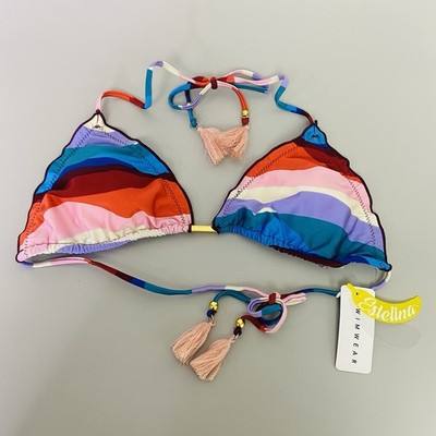 Estelina Bikini Top L Multicolor Stripe Tassel Tie Triangle Swimwear NWT READ