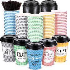 100 Pack Disposable Coffee Cups with Lids and Straws, Motivational Paper Hot Cup