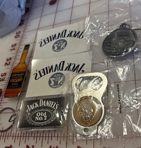 Jack Daniels 6 + extras 2 Stickers, Bottle w/batteries, 3 Key Chains, 1 Opener - Picture 1 of 7