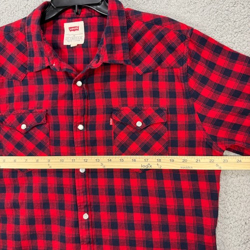 Levis Mens XL Standard Fit Red Black Pearl Snap Long Sleeve Flannel Plaid Shirt - Picture 7 of 11