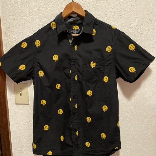 Camisa negra con botones Eighty Eight para hombre cara sonriente amarilla derretida talla pequeña - Imagen 1 de 9