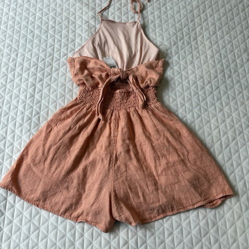 NWT America Eagle Women’s Romper Size SP Smocked Apricot Halter Linen Back Tie - Picture 6 of 12
