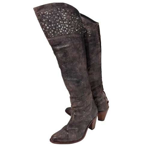 Frye Over the Knee Studded Boots Crackle Leather | Brown | SZ 9 - Picture 1 of 11