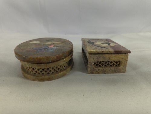 Anglo-Raj Pietra Dura Boxes Mosaic Marble Inlay Mother of Pearl Flower Set Of 2 - Picture 5 of 10