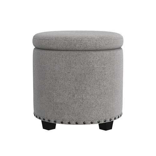 HOMEPOP HOME DECOR UPHOLSTERED ROUND STORAGE OTTOMAN NAILHEADS GRAY WOVEN - Picture 2 of 5